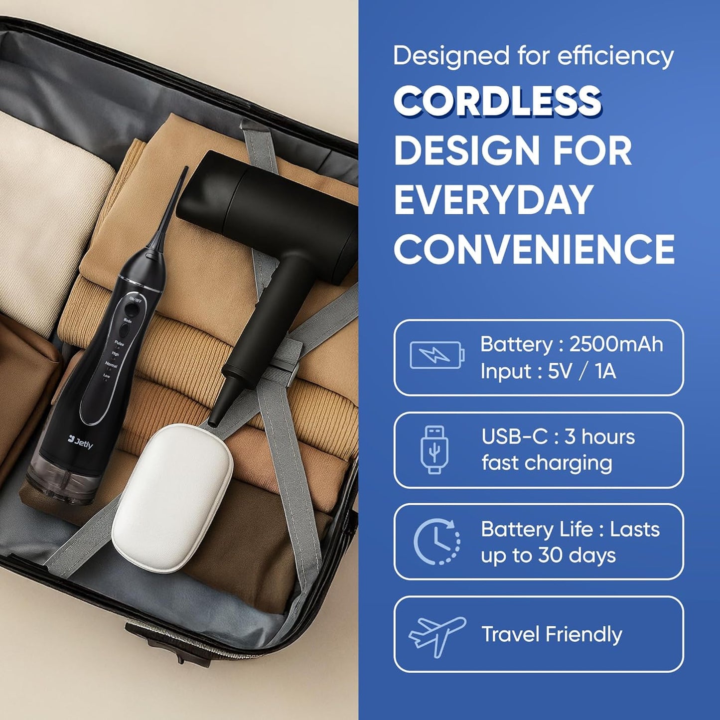 Water Dental Flosser Teeth Pick Cleaner: Travel Cordless Oral Irrigator 300ML Capacity Portable Rechargeable IPX7 Waterproof Electric Flossing Machine for Teeth Cleaning (Black)