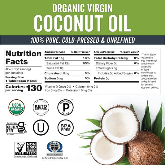 Viva Naturals Organic Coconut Oil, 54 fl oz – Unrefined, Cold-Pressed Extra Virgin Coconut Oil, USDA Organic & Non-GMO, Natural Cooking Oil, Hair Oil & Skin Oil