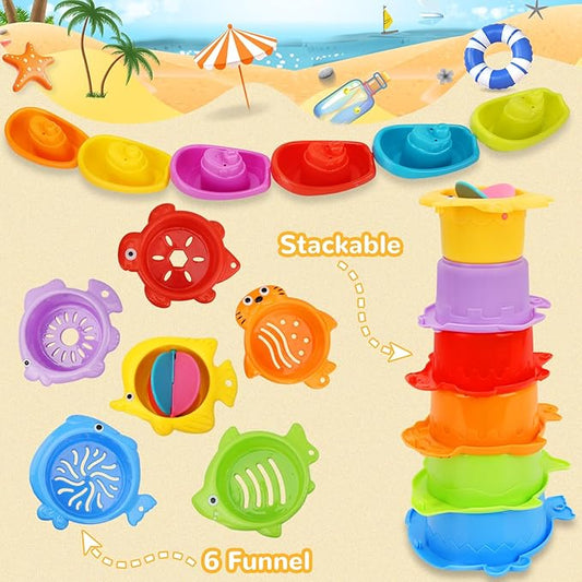 Bath Toys for Kids Ages 1-3, Kids Bath Toys with Floating Boats, Bathing Spoon Shower, 13 PCS Bathtub Toy for Babies Water Table Pool Birthday Gift for Toddlers 1-3 Infant Baby Boys/Girls 6-12-18M+