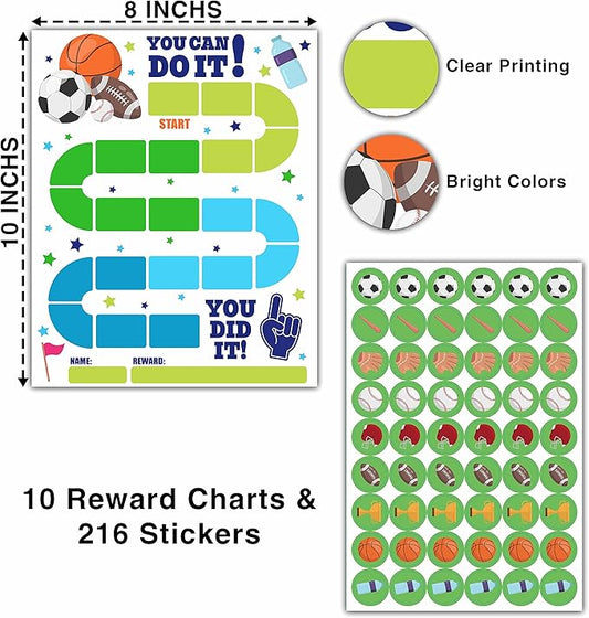 10 Sports Reward Chart with 216 Round Stickers, Incentive Behavior Chart for Kids at Home Classroom, Kids Routine Daily Chore Sticker Chart-A14