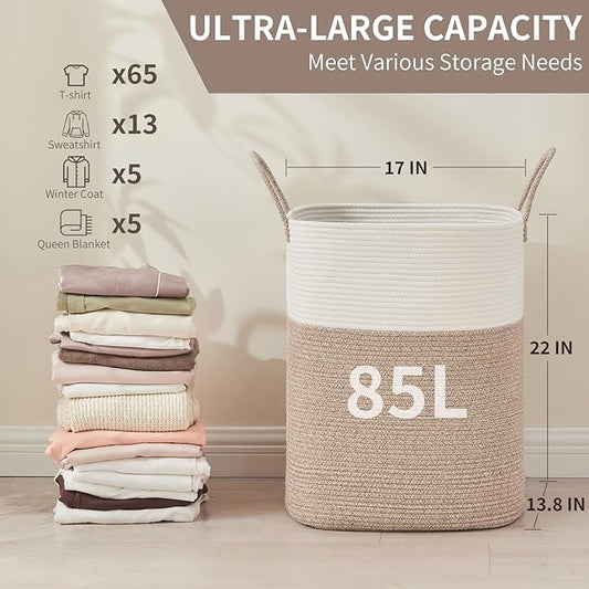 Laundry Basket with Handles - Blanket Basket & Hampers for Bedroom Aesthetic, Laundry Hamper & Blanket Storage for Living Room, Clothes Hamper, Tall, Large 17" x 14" x 26”, White & Rice Brown