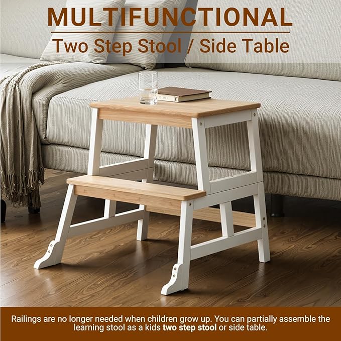 COSYLAND Kids Kitchen Step Stool, Toddler Standing Tower with CPC Certification, Removable Anti-Drop Railing Enjoys Unique Patented Design A Anti-tip Stable Structure 1.5-3 Years Natural & White