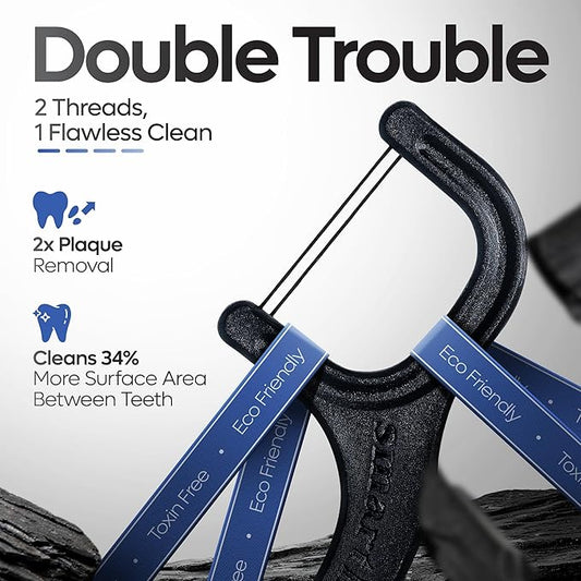 SmartLifeco Eco-Friendly Dual-Thread Dental Floss Picks (100ct) - Flossers Made with Straw Wheat Blend, Natural Teeth Whitening, Tooth Pick Stick for Adults, Activated Bamboo Charcoal Floss Thread