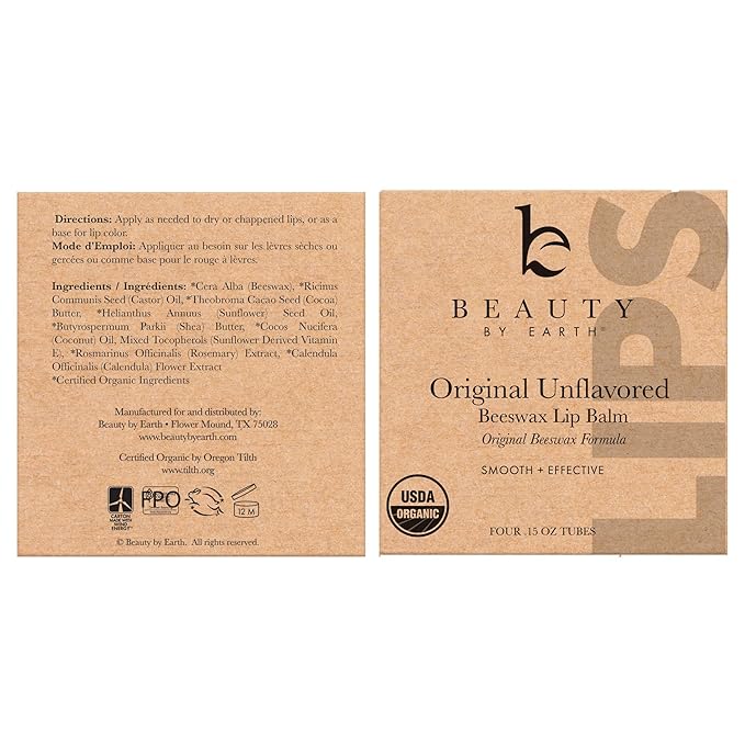 USDA Organic Lip Balm - USA Made with Natural Ingredients, Mens Stocking Stuffers, 4 Pack Unflavored Chapstick for Dry Lips, Beauty Birthday Gifts for Her & Him, Lip Moisturizer, Gift Ideas