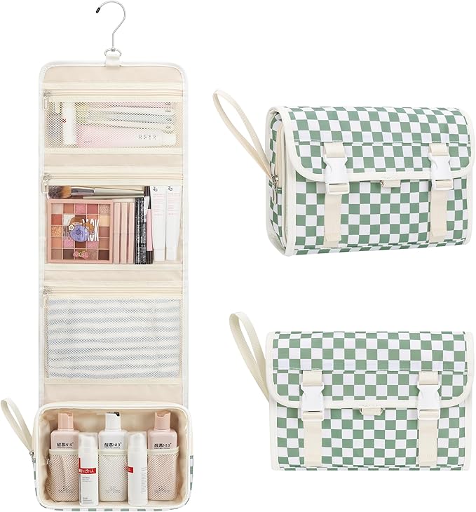 Relavel Travel Hanging Toiletry Bag for Women, Large Capacity Wash Bag with 360 degree Rotation Hanging Hook, Portable Toiletries Makeup Organizer Storage for Daily Use, Trip, Camping - Green Plaid