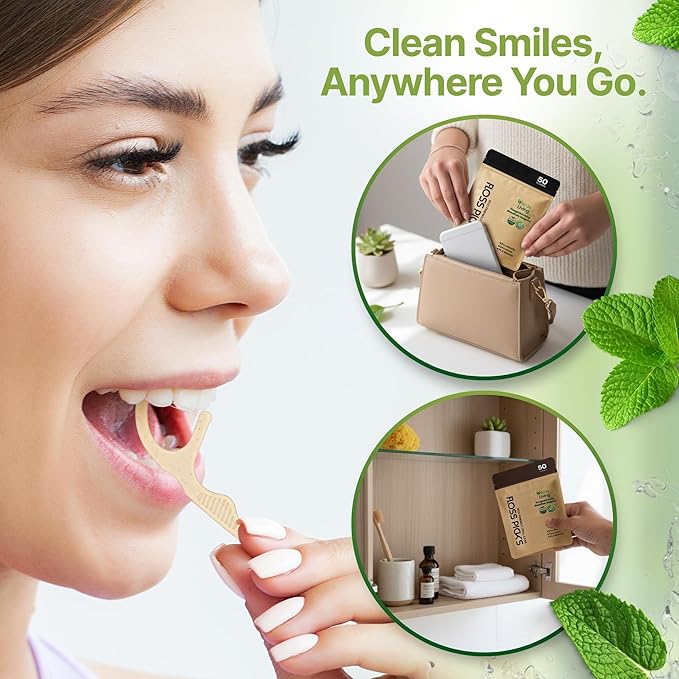 Biodegradable Floss Picks (200-Pack) - Eco-Friendly Plant-Based Dental Flossers for Tight Teeth - Plastic-Free, Mint Flavored, Ergonomic Design for Sensitive Gums