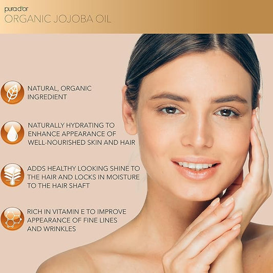 PURA D'OR 16.9 Oz Organic Jojoba Oil (GLASS BOTTLE) USDA Certified - 100% Pure & Natural Moisturizer - Cold Pressed, Unrefined, Hexane Free Base Carrier Oil For DIY Skin Care, Hair, Face & Nails
