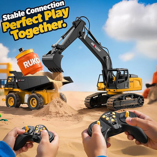 Ruko 1562 RC Excavator and Dump Truck Toy Set, 2.4GHz 9CH Remote Control Construction Vehicles with Lights & Sounds, Metal Bucket, 680° Rotation, Realistic 1:24 Scale Trucks for Kids