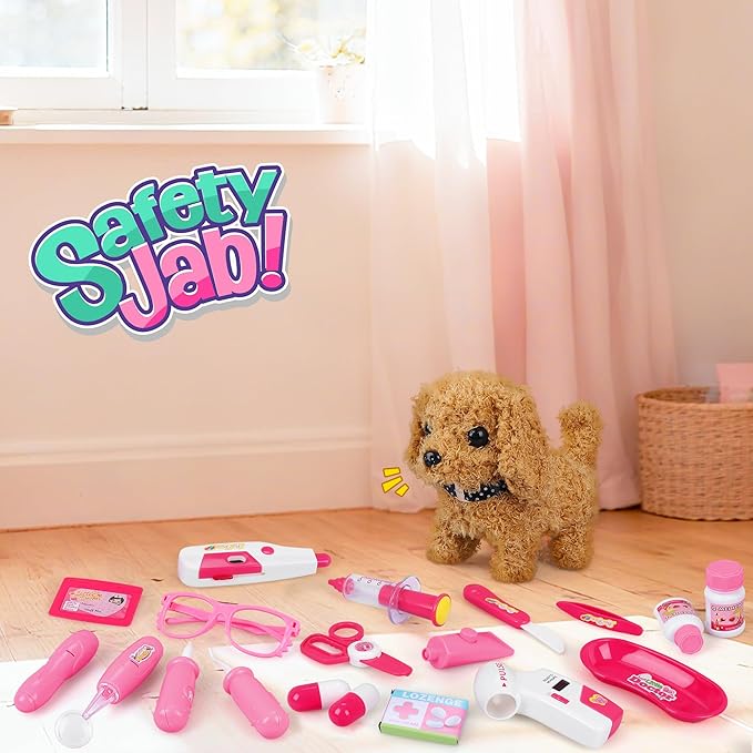 33Pcs Pet Doctor Kit for Toddlers - Dress Up Costume & Pretend Doctor Play Set with Dog Toy, Stethoscope, Pet Vet Roleplay Toys, Christmas Birthday Gifts for Ages 3 4 5 6 7 8 Year Old Boys Girls
