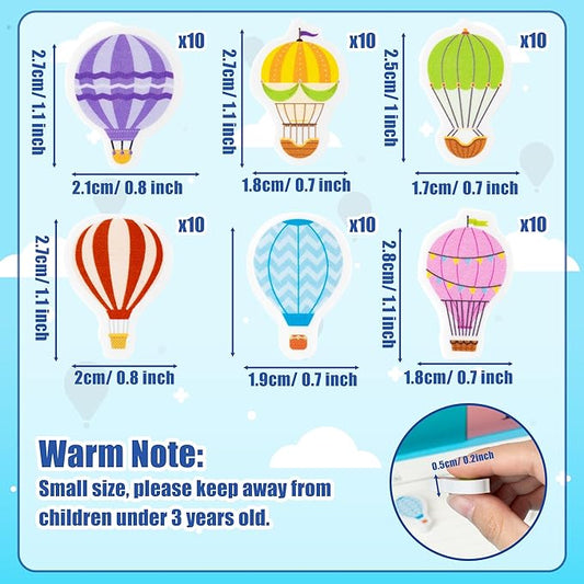 CJiangpo 60Pcs Hot Air Balloon Mini Erasers for Kids Bulk, Colorful Cartoon Cute Pencil Rubber Eraser Birthday Party Favors Fillers Kids Back to School Classroom Rewards Student Homework Prizes Gifts