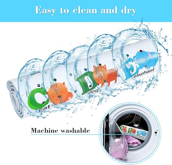Bath Mat for Tub Non Slip, Machine Washable Anti-Slip Cartoon Baby Bathtub Shower Mat with Drain Holes and Suction Cups for Toddler & Kids (40 Inch x 16 Inch-Rectangular, Alphabet and Animals)