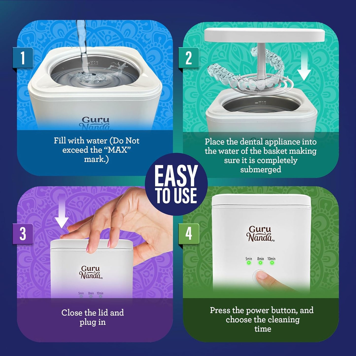 GuruNanda Retainer & Aligner Cleaning Pod for Retainers, Dentures, Mouthguards, Aligners, & Jewelry, 3 Modes, 45kHz Ultrasonic Retainer Cleaner, 190 ml capacity