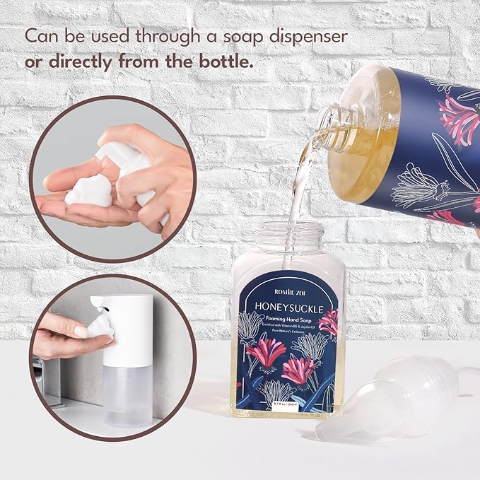 ROMIIE ZOI Foaming Hand Soap Refill Gift Set – Honeysuckle Scent – 3 Pack (1000ML Each) with Dispenser, Gentle & Moisturizing Plant-Based Formula – Bulk Refill Bottles for Bathroom & Kitchen Use