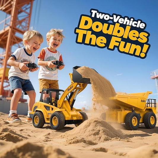 Ruko 1560 Construction Toy Set, Remote Control Dump Truck and Front Loader, 9 Channel RC Vehicles with Realistic Lights for Outdoor Sandbox Play, Gifts for Kids