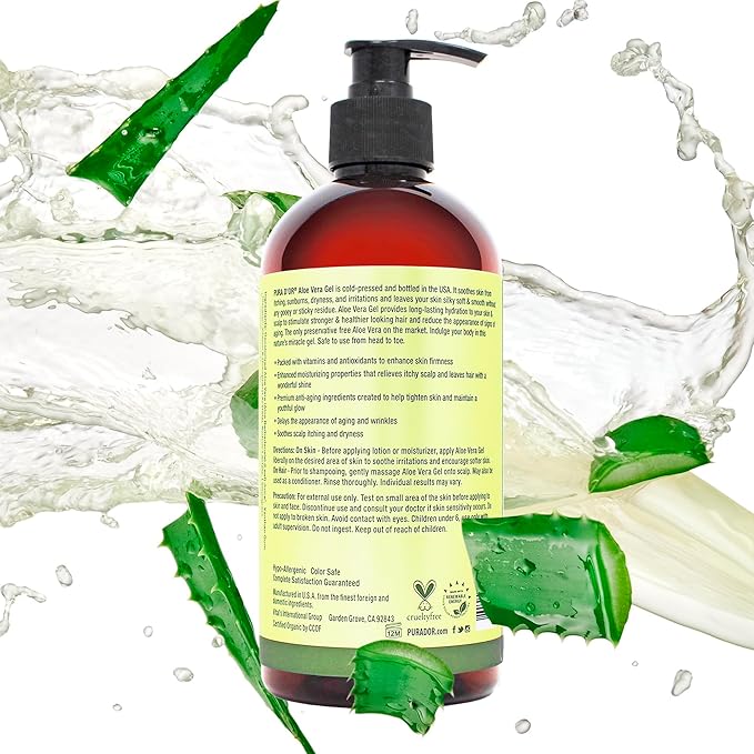 PURA D'OR 16 Oz ORGANIC Aloe Vera Gel - Lemongrass - All Natural - ZERO Artificial Preservatives - Deeply Hydrating & Moisturizing - Sunburn, Bug Bites, Rashes, Small Cuts, Eczema Relief - Skin & Hair