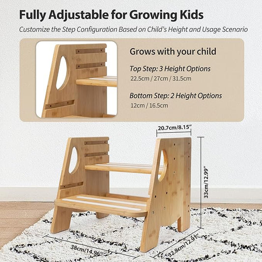 Wooden Toddler Step Stool for Bathroom Sink, Height-Adjustable, Luminous Anti-Slip Strips, Bamboo 2-Step Stool for Kids Adults, 300lbs, for Toilet Potty Training, Kitchen Counter, Bed
