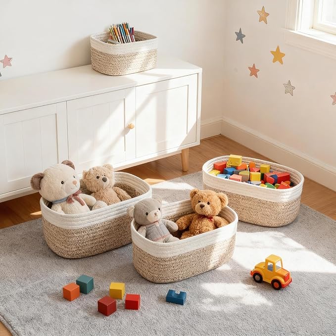 4-Piece Storage Shelf Basket Set, Natural Cotton Rope Woven Basket with Handle, Decorative Rectangle Organizer Bin for Home, Nursery, Montessori, Pet Toy Storage and Bathroom Organization, White&Brown