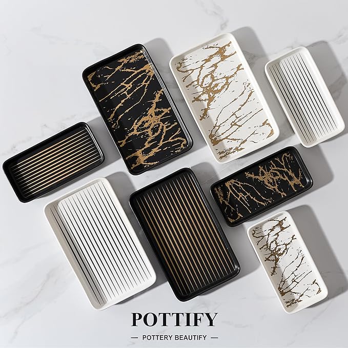 Bathroom Vanity Tray for Countertop,2PC Rectangle Striped Tray,Decorative Bathroom Organizer for Scrubber, Lotion Bottles, Perfume, Jewelry, Candle, Key Trinket Ring(Small,Black)