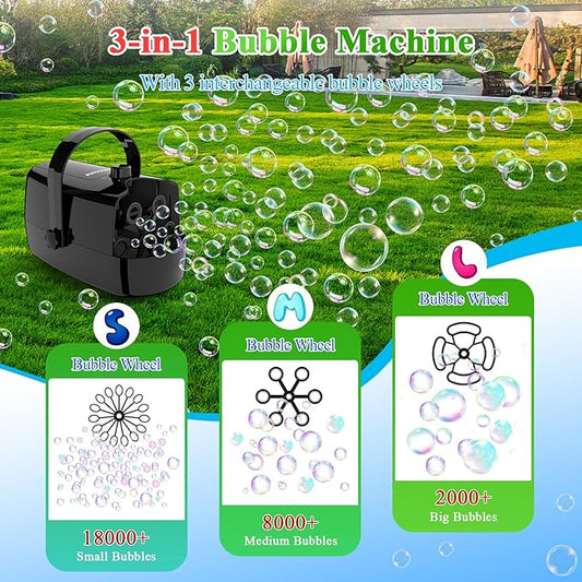 Bubble Machine, 3-in-1 Bubble Maker, Automatic Bubble Blower with 3 Bubble Wands, 8000+ Colorful Bubbles for Kids Toddlers, Operated by Plug-in or Batteries for Indoor Outdoor Birthday Party
