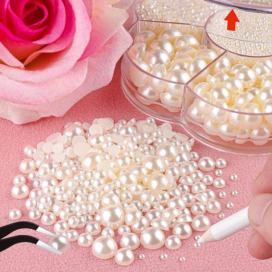Nail Art Flat Back Half Round Pearl Kits, Mixed Sizes 6000 Pcs with B7000 Jewelry Glue Beige Small Pearls for Nails with Picking Tools for Graduation Cap Decorations Home DIY Body Face Craft Use