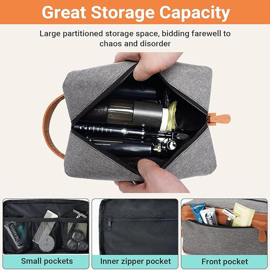 Elviros Travel Toiletry Bag for Men Hanging Dopp Kit Water Repellent PU Leather Shaving Bag with Large Capacity for Travel and Bathroom, Grey