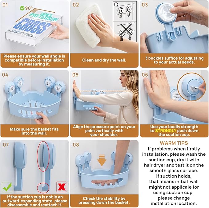 LEVERLOC Powerful Suction Bathroom Shower Shelf, Waterproof and Rustproof Organizer for Bathroom Storage and Kitchen, No-Drilling Removable, Blue