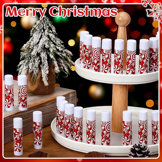 25 Pack Christmas Lip Balms Bulk Christmas Candy Peppermint Cane Scented Holiday Flavor Lip Balm Gifts Xmas Party Gifts Bulk Xmas Items Stocking Stuffers for Women Men Staff Employee (Lollipop 1)