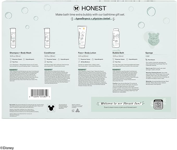 The Honest Company Fragrance Free Bathtime Gift Set + Disney Design | Hypoallergenic Bath Essentials for Sensitive Skin | Shampoo + Body Wash, Face + Body Lotion, Bubble Bath, Conditioner, Sponge