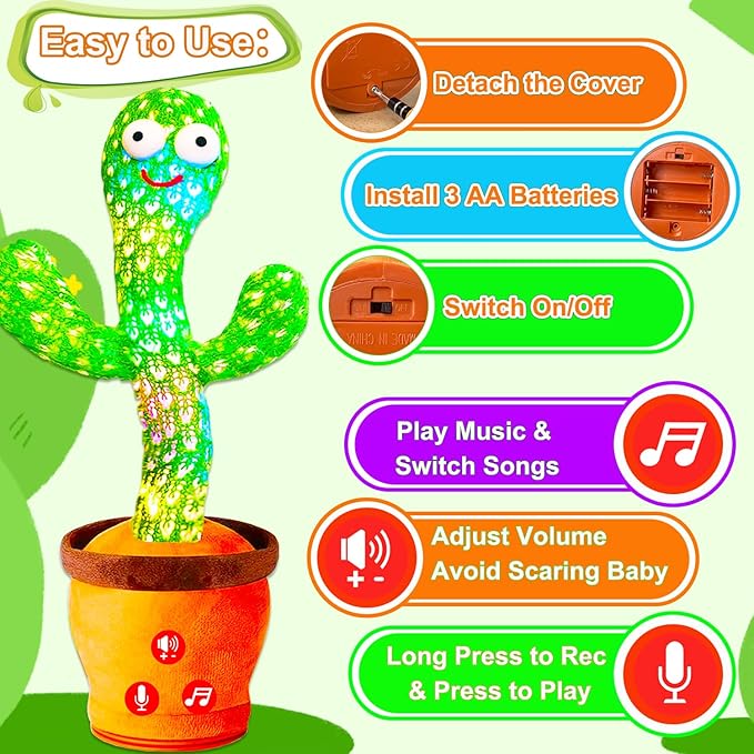 Volume Adjustable Dancing Talking Cactus Toy, Interactive Baby Toys Mimicking Singing Repeating, Kids Baby Toys Gifts for Boys Girls, Xmas Gifts for Grandkids, Stocking Stuffers for Kids