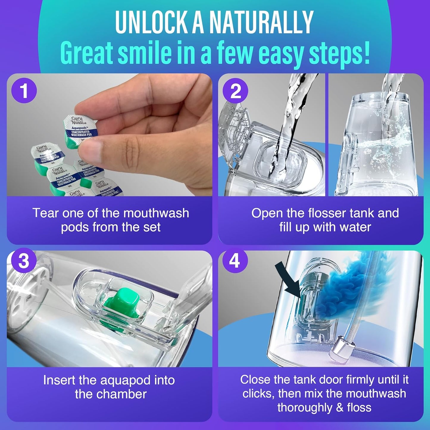 GuruNanda Aqua Pods Pre-Measured Concentrated Mouthwash for GuruNanda Water Flosser 4.0, Fluoride & Alcohol-Free, Wild Mint Flavor, Travel-Friendly, 60 Count