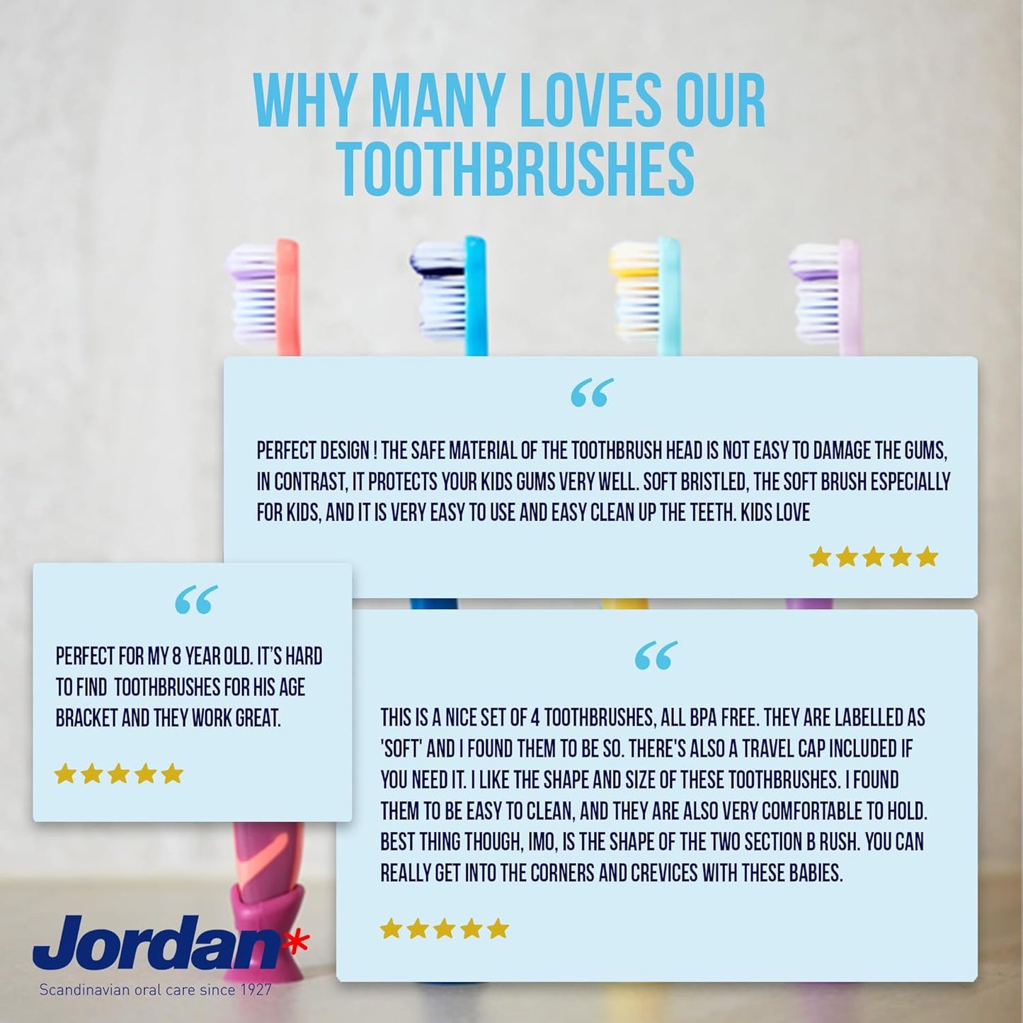 Jordan* Kids Toothbrush | 6-9 Years, Soft Bristles, BPA Free | 4 Pack | Blue & Pink Step 3