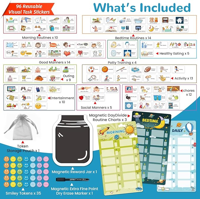 JJPRO Magnetic Bedtime/Morning/Daily Routine Chart for Kids with Reward Jar-Magnetic Chore Chart for Kids, Daily Visual Schedule Board for Toddlers, Bedtime Checklist Reward Jar-Outer Space