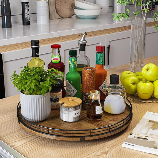 Farmhouse Oak 16" Lazy Susan Turntable Organizer for Cabinet, Round Wooden Lazy Susan Organization and Storage for Dining Table, Pantry, Kitchen, Countertop, Cupboard,Home Decor, Walnut Wood (16")