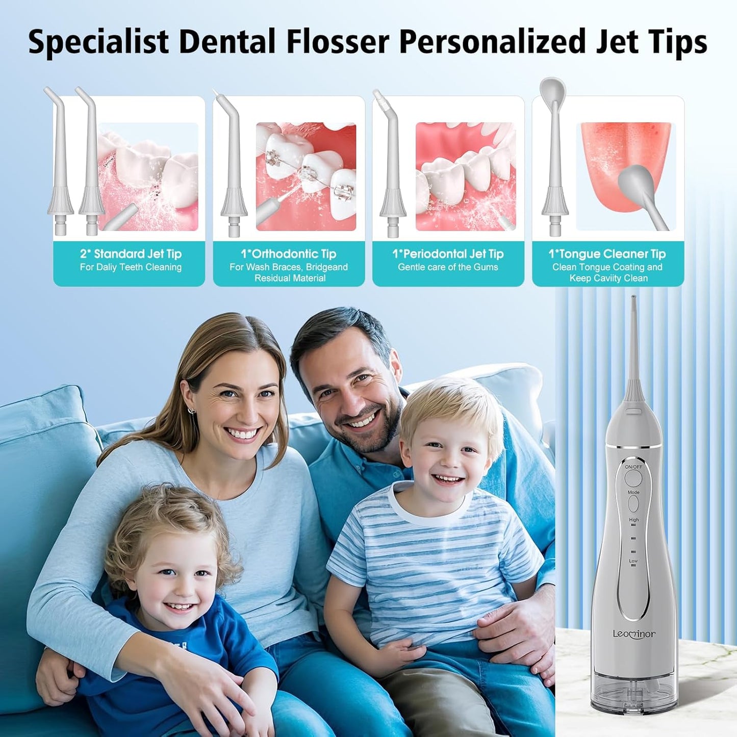 Leominor Water Dental Flosser Pick for Teeth, 300ML Portable Oral Irrigator Upgraded Tank Removable,IPX7 Waterproof, Rechargeable Travel Teeth Cleaner, Professional Electric Flossing Machine (Gray)