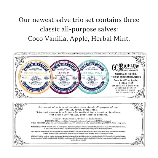 C.O. Bigelow Assorted Salve Tins, Pack of 3 Lip Balm Tins, Coco Vanilla, Apple, and Herbal Mint All Purpose Salve for Lips, Cuticles, Hands & Dry Skin, Lip Balm Set, 0.8 oz