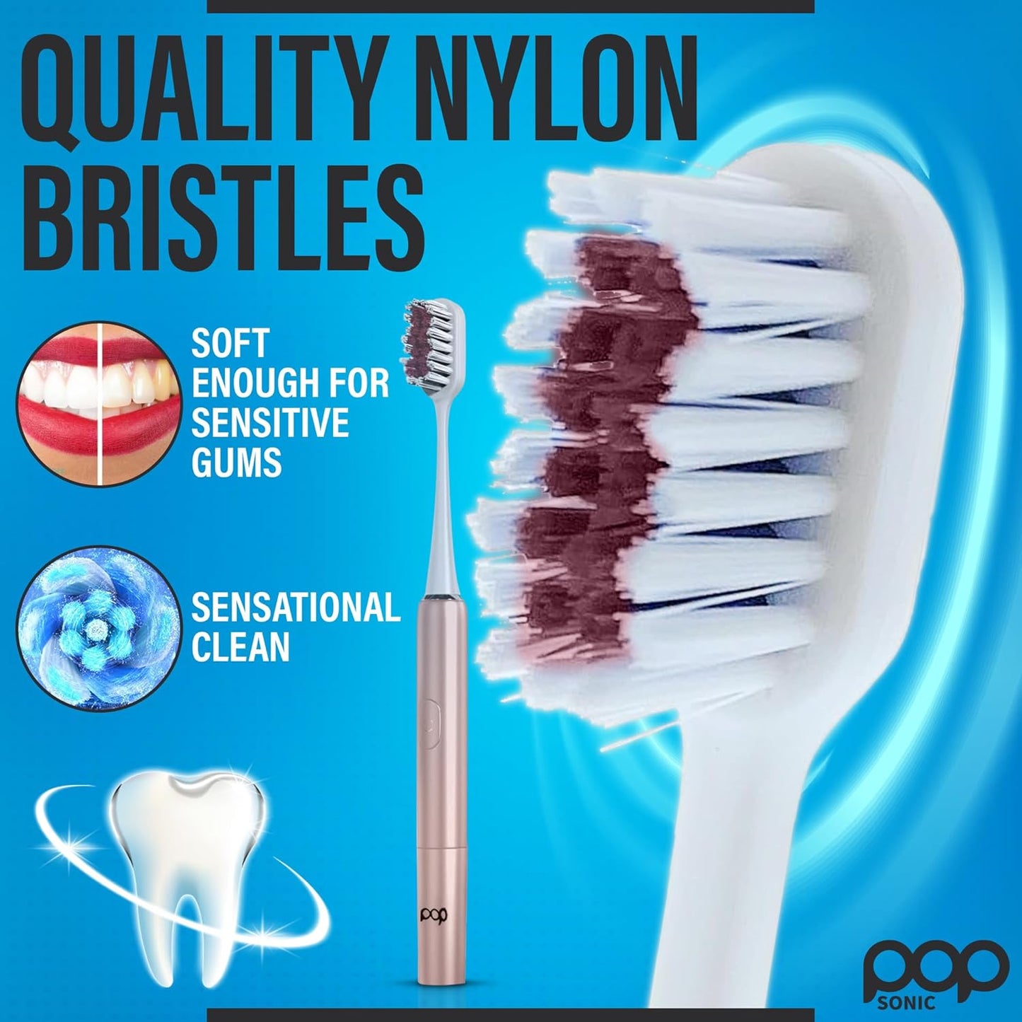 Pop Sonic Go Plus Travel Electric Toothbrush (Rose Gold) | 2 Speeds w/ 18000-24000 Vibrations Per Minute - The Ultimate Set | 8+ Colors to Choose from
