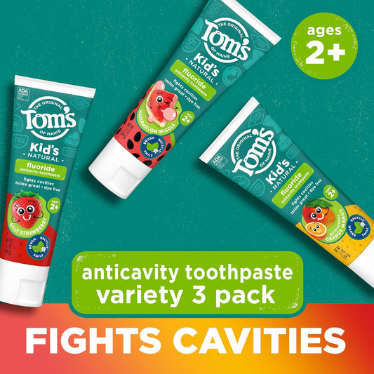 Tom's of Maine Anticavity Kids Natural Toothpaste Variety Pack, Strawberry, Orange Mango, Watermelon Flavors, Kids Toothpaste with Fluoride, Safe for Ages 2 and Up, 5.1 oz (Pack of 3)