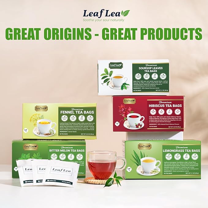 LeafLea 40 Fennel Tea Bags, 100% Natural & Pure Fennel Seed Tea, Gentle Digestion & Fresh Breath, Mild Sweet Finish, Caffeine-Free, Sugar-Free, Vegan, Non-GMO, Individually Wrapped