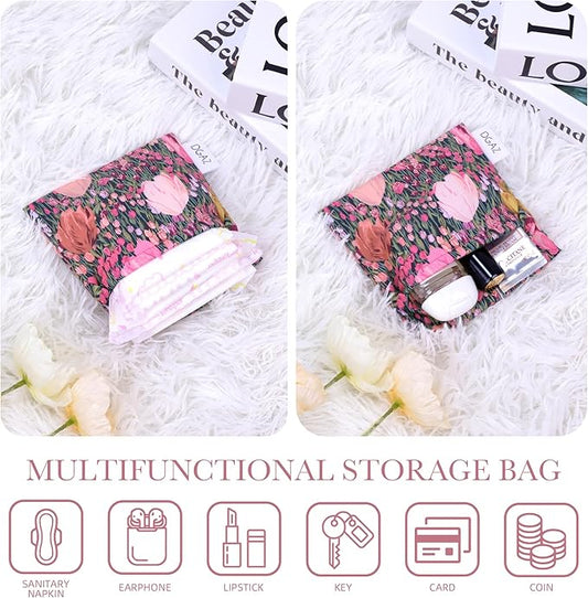 DGAZ Sanitary Napkin Storage Bag, Period Bag for Teen Aged Girls, Portable Period Bag for Panty Liners/Menstrual Cup/Small Tampons,Mini Makeup Bag for Purse(Blooming Tulips)