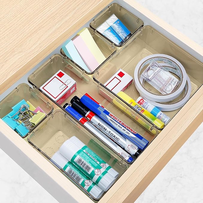 23 PCS Drawer Organizer Set, 5 Varied Size Bathroom and kitchen Drawer cabinet organizer Trays, Clear Storage Bins for Makeup, Jewelry, Utensils and Gadgets, Champagne