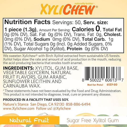 Xylichew 100% Xylitol Chewing Gum - Non GMO, Non Aspartame, Gluten Free, and Sugar Free Gum - Natural Oral Care, Relieves Bad Breath and Dry Mouth - Fruit, 50 Count