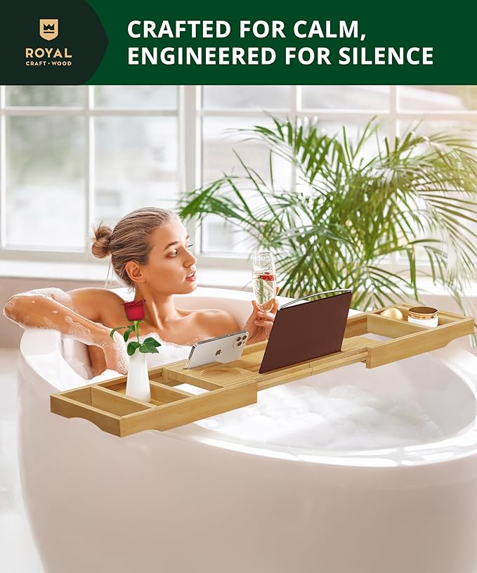 ROYAL CRAFT WOOD Bathtub Tray Caddy for Tub, Bamboo Bath Shelf, Premium Foldable Wood Bath Table, Expandable Bathtub & Bathroom Accessories, New Home Gifts for Mom, Housewarming, Anniversary, Wedding