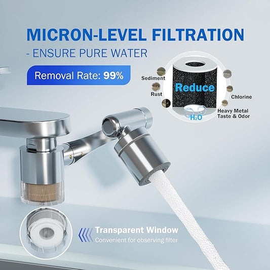 Frizzlife Water Filter for Sink Faucet Extender, 1440° Rotating Swivel Aerator Reduce 99% Chlorine, 3 Modes Spray Brass Attachment for kitchen/Bathroom/Toddlers, 8pcs Replacement Filter