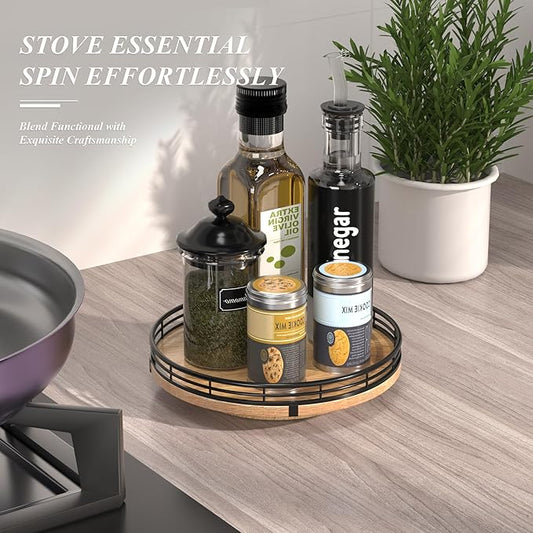 9" Oak Wood Lazy Susan Turntable Organizer for Cabinet, Round Wooden Farmhouse Lazy Susan Organization and Storage for Dining Table, Pantry, Kitchen, Countertop, Cupboard,Home Decor