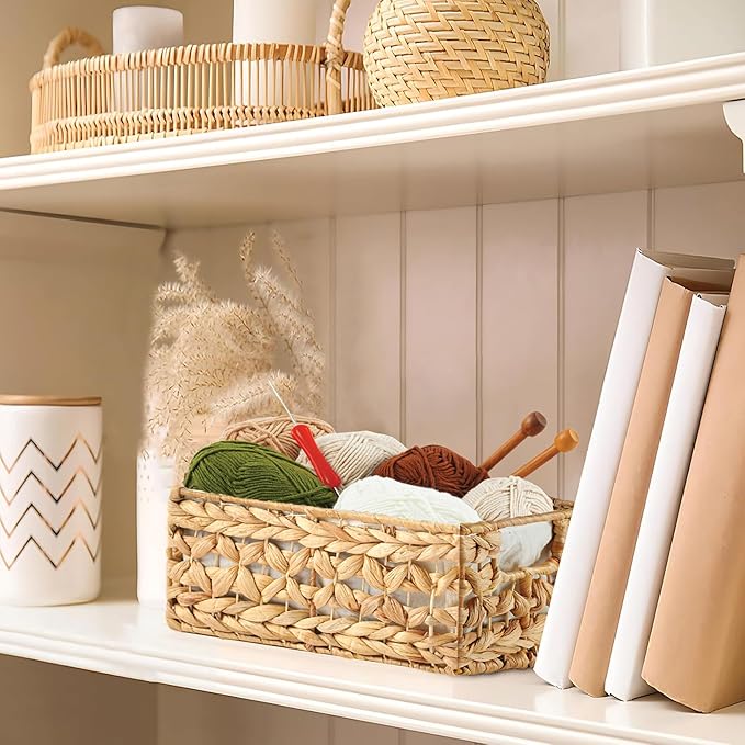 Greenatural Water Hyacinth Storage Baskets Set of 2, Handwoven Rectangular Organizer Trays with Liners, Rattan Wicker Bins with Handles, Storage Organizers for Shelf, Bathroom, Kitchen, Office