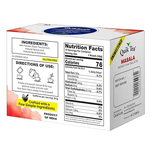 QuikTea Unsweetened Masala Chai Tea Latte - 10 Count Single Box - All Natural Preservative Free Authentic Chai