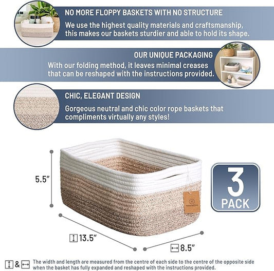 NaturalCozy 13.5”x8.5”x5.5” Storage Baskets for Shelves 3 Pack | Cotton Rope Woven Small Baskets for Organizing | Small Storage Bins for Nursery, Bathroom, Closet, Cube Shelf, Decorative, Gift
