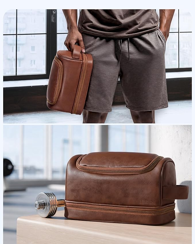 Elviros Toiletry Bag for Mens PU Leather Travel Organizer Kit with Hanging hook, Large Water-resistant Toiletries Bathroom Shaving Bag, Gift For Men (Dark Brown)