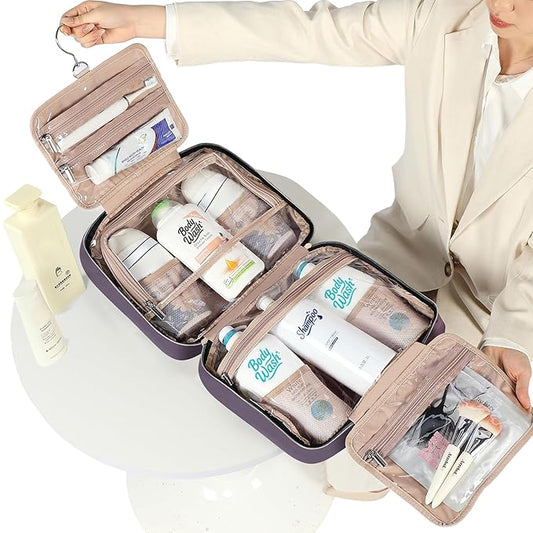NISHEL Travel Toiletry Bag for women, Portable Hanging Organizer for Family-Sized Shampoo, Conditioner, Brushes Set, Makeup Accessories, Extra Large Size, Purple