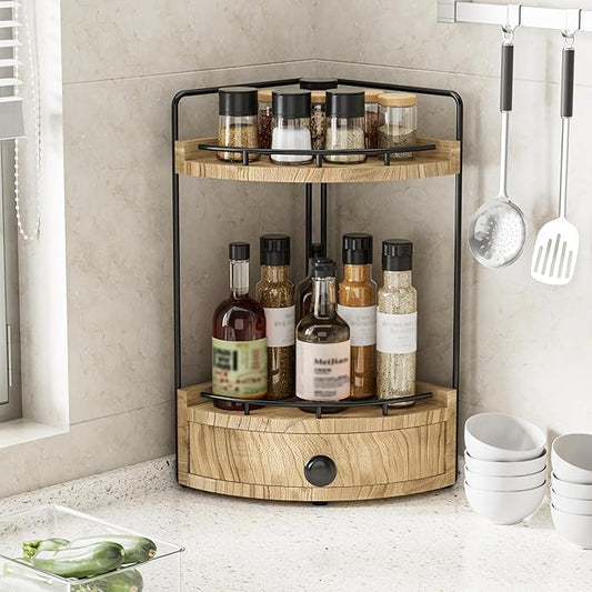 2-Tier Corner Bathroom Counter Organizer with Drawer & Embedded Screw Holes - Wooden Countertop Organizers for Skincare, Makeup Storage, Bathroom Sink Counter Shelf for Vanity, Kitchen